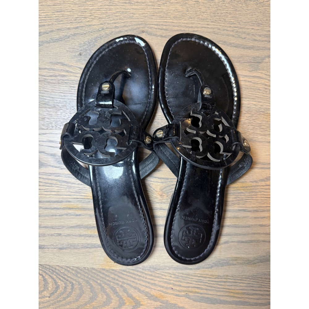 Tory Burch Miller Black Patent Leather Logo Thong Sandals Womens 10.5